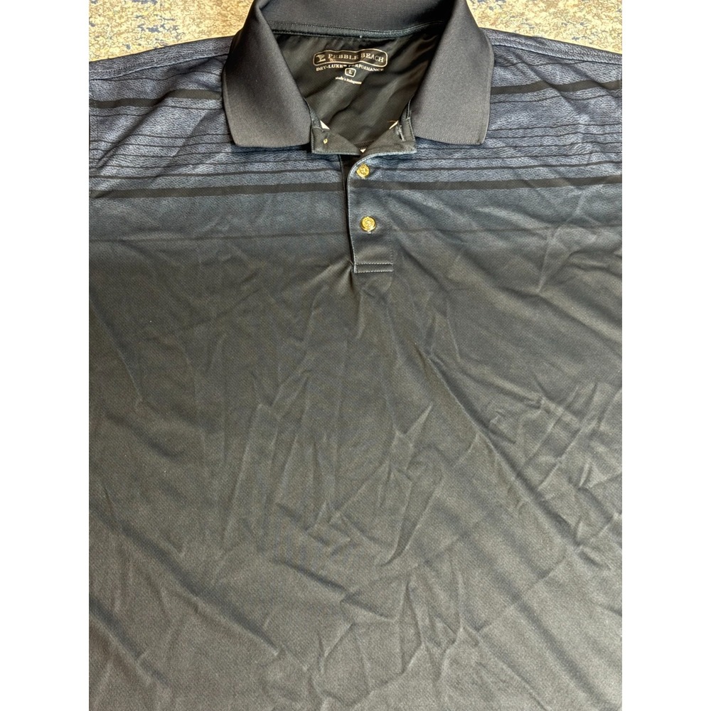 Pebble Beach Golf Men Polo Shirt L Black‎ Striped Dry Luxe Performance NICE